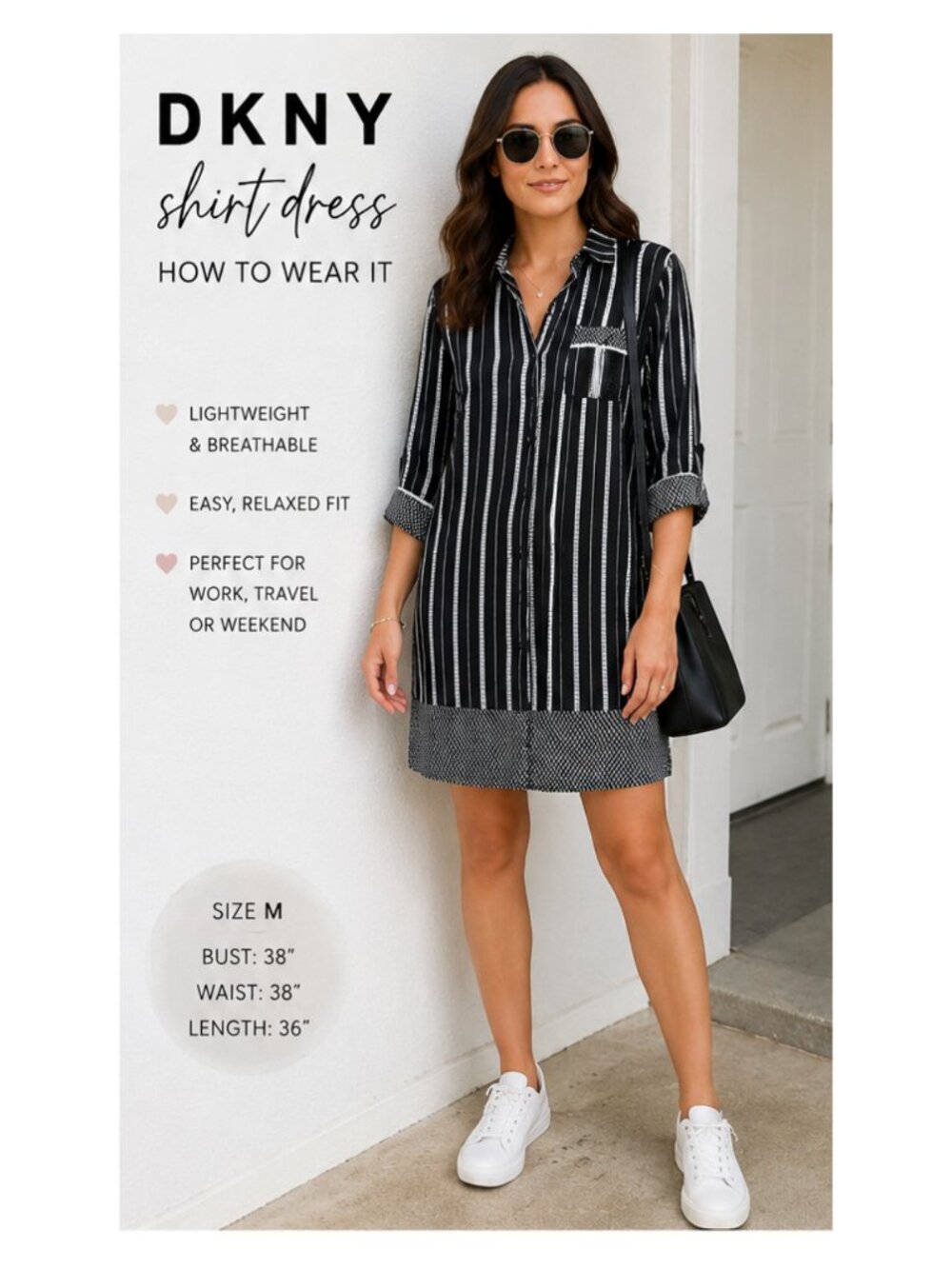 DKNY Black White Striped Shirt Dress Size M